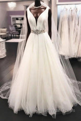 Long A-line V Neck Satin Tulle Wedding Dresses